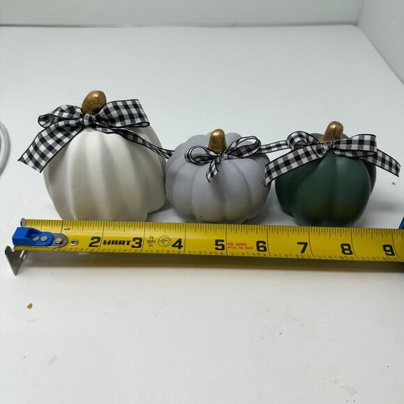 Farmhouse Pumpkin Trio White Gray Green Buffalo Check Ribbon Fall Decor Set - Picture 9 of 10